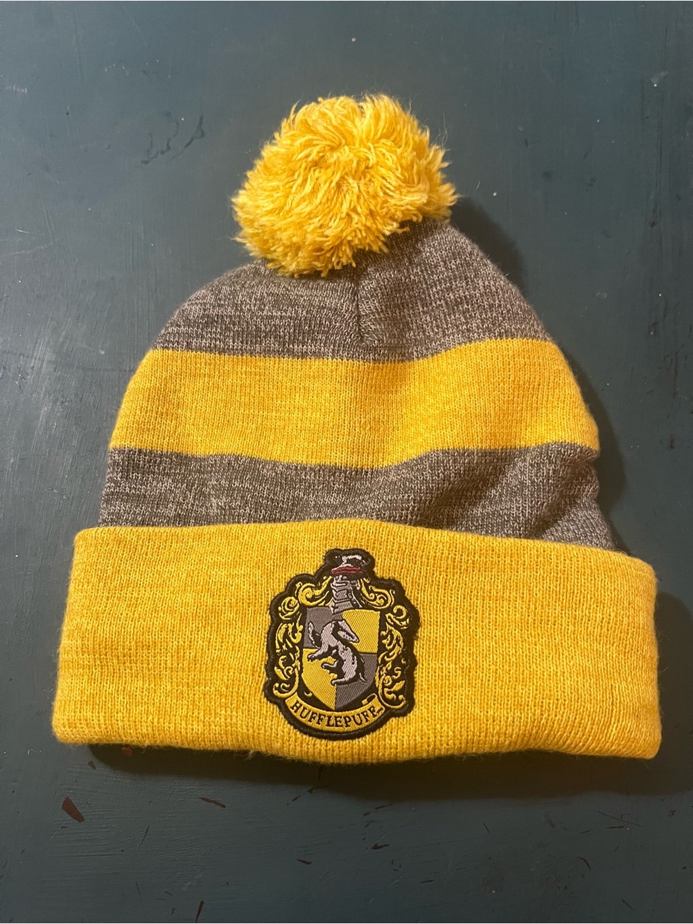Hufflepuff Yellow & Gray Pom Beanie Hat
